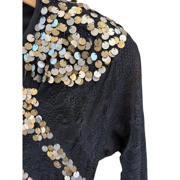 Vintage Y2K Bebe Black Gold Lace Sequin Asymmetrical Top Sz S Whimsigoth Festive - Picture 3 of 5